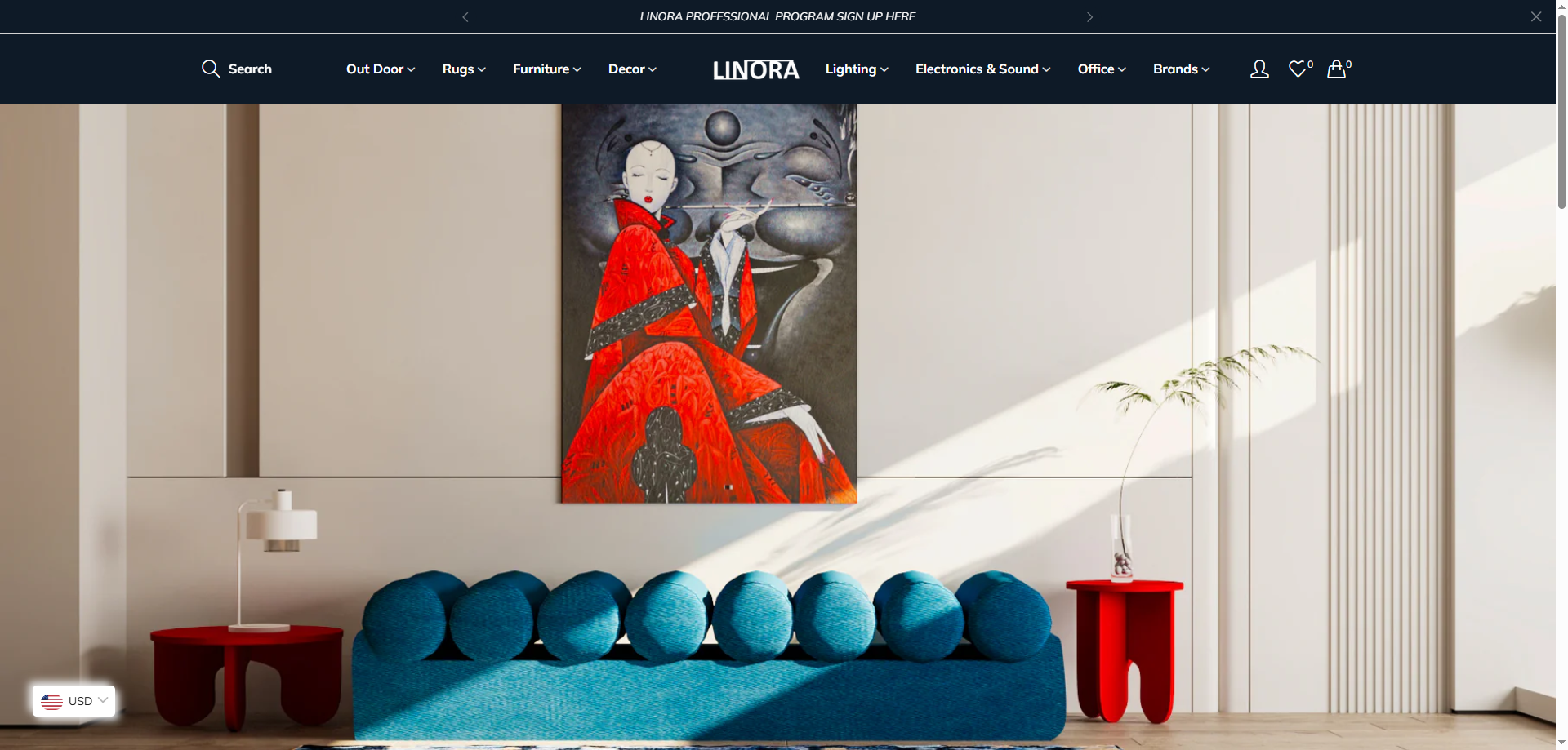 Linora luxury furniture and home decor website interface showcase